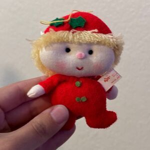 Russ Vintage Stuffed Christmas 4" Ornament Elf Red Terry Cloth Plush Korea
